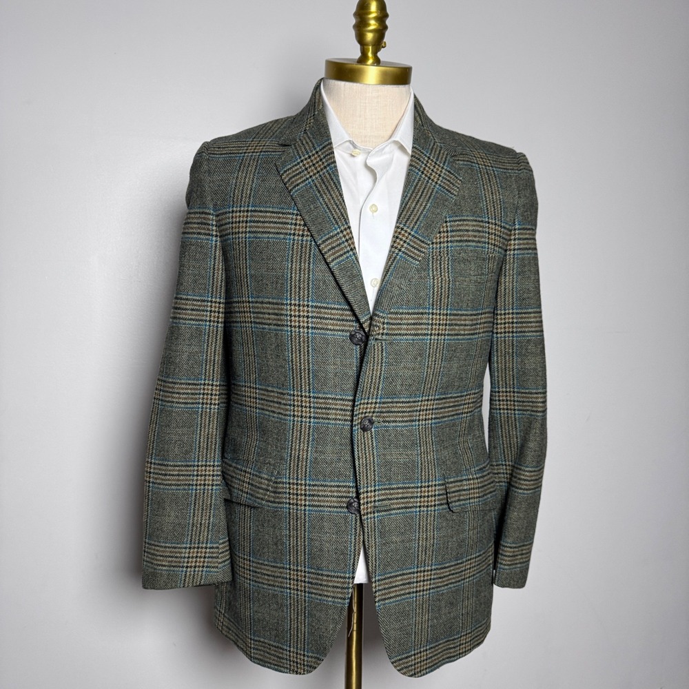 1970s Hart Schaffner & Marx Sport Coat Mens 38S Green Plaid Vtg 3-Button Wool